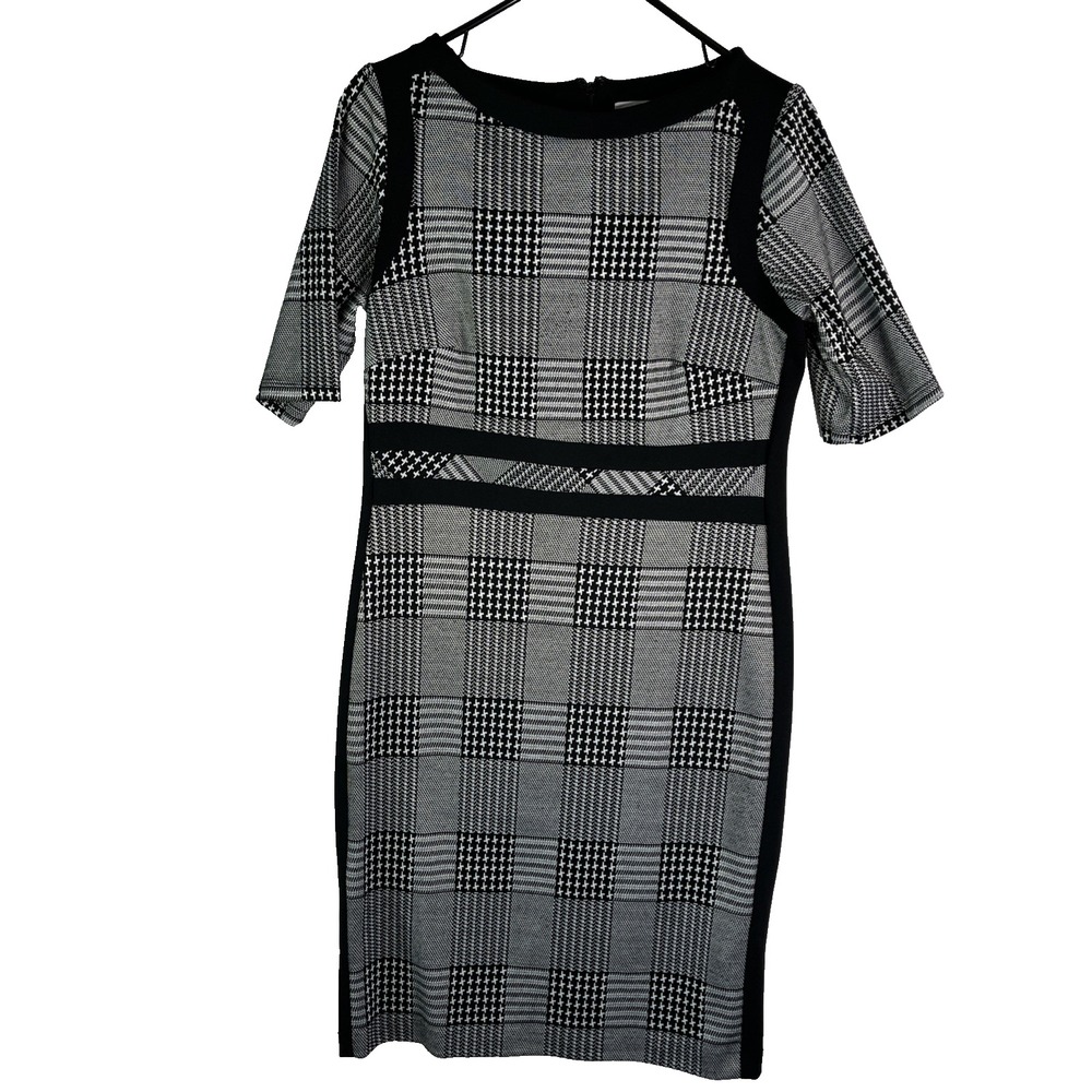 Short Sleeve Black White Check Boat Neck Sheath Stretch Career Office Dress 10